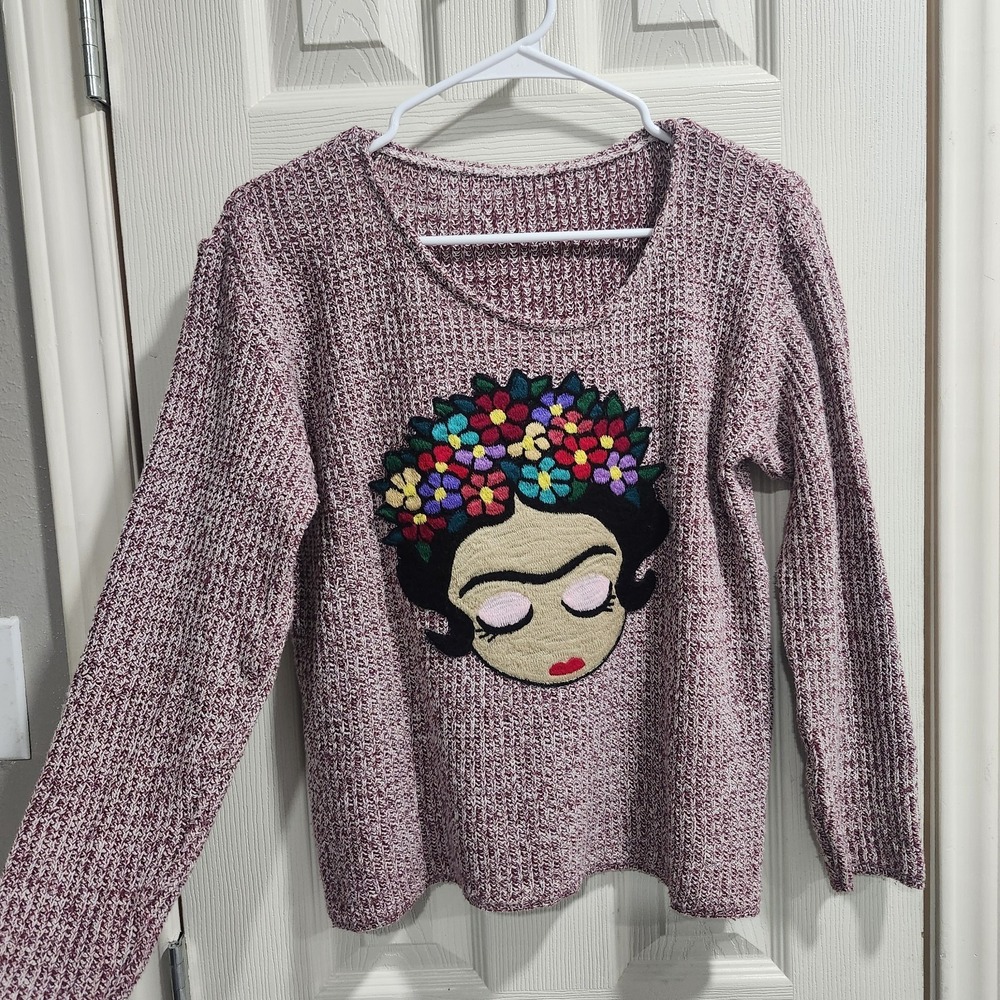 Frida Kahlo Inspired Patch Knit Sweater Boho Artsy Pullover Medium